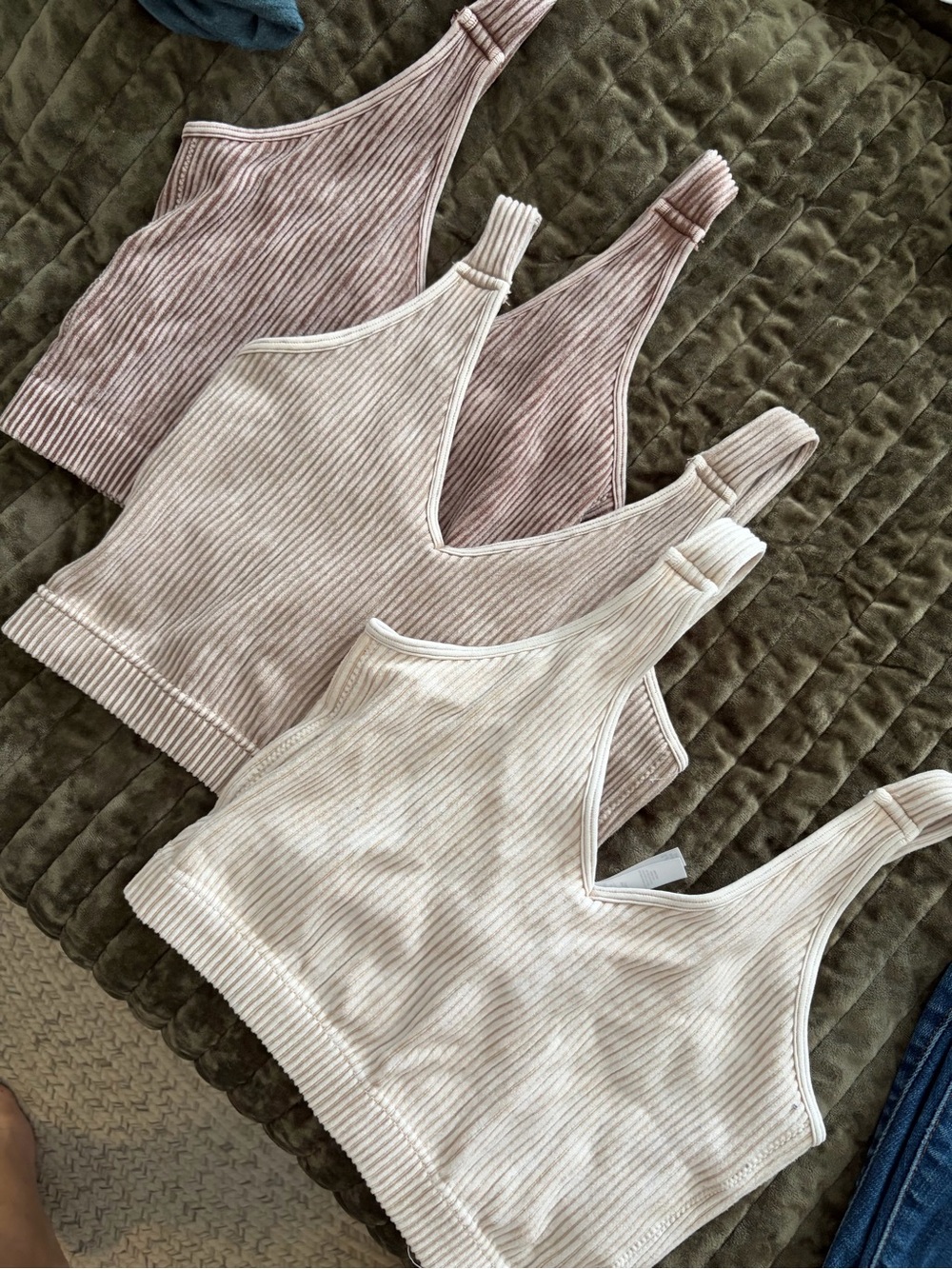 Zenana Outfitters Ribbed V-Neck Crop Tanks - Beige & Tan Mix